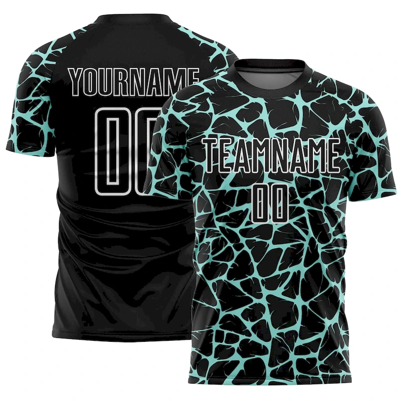 Custom Black Ice Blue-White Abstract Network Splash Sublimation Soccer Uniform Jersey