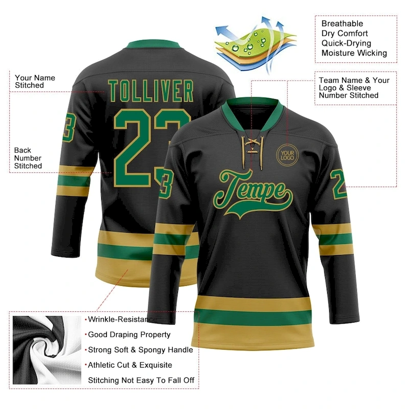 Custom Black Kelly Green-Old Gold Hockey Lace Neck Jersey Custom Black Kelly Green-Old Gold Hockey Lace Neck Jersey