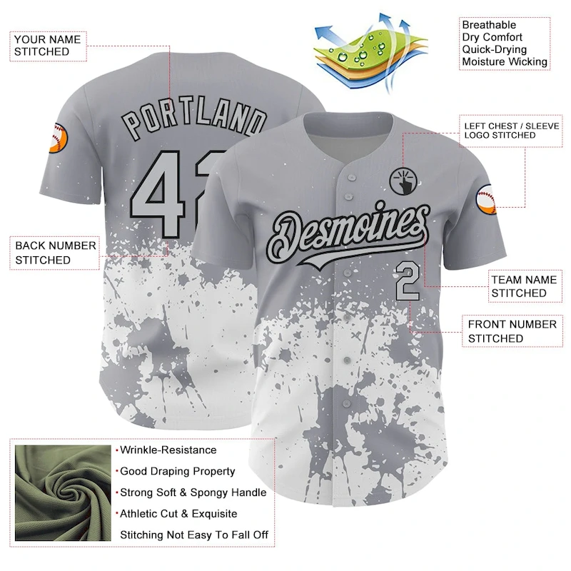 Custom Gray Black-White 3D Pattern Design Abstract Splash Grunge Art Authentic Baseball Jersey Custom Gray Black-White 3D Pattern Design Abstract Splash Grunge Art Authentic Baseball Jersey