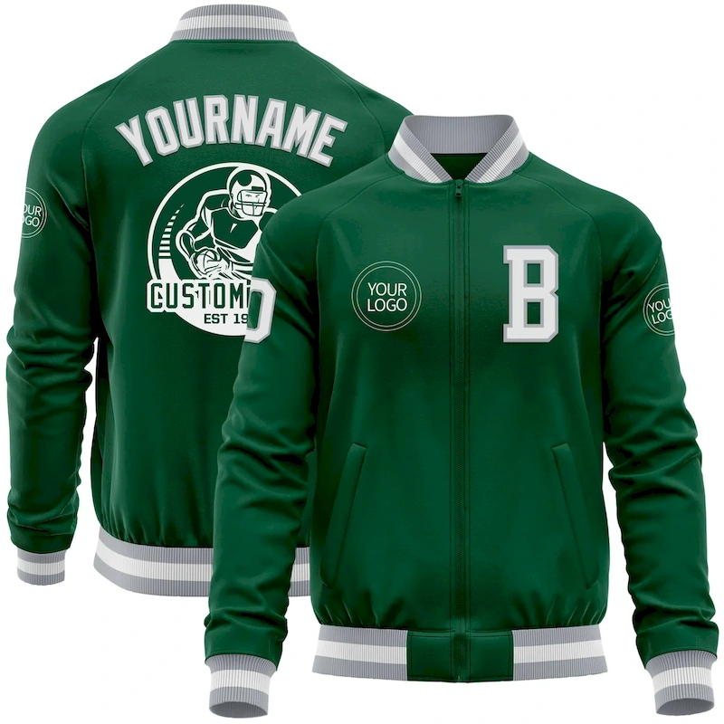 Custom Kelly Green White-Gray Bomber Varsity Letterman Zipper Jacket