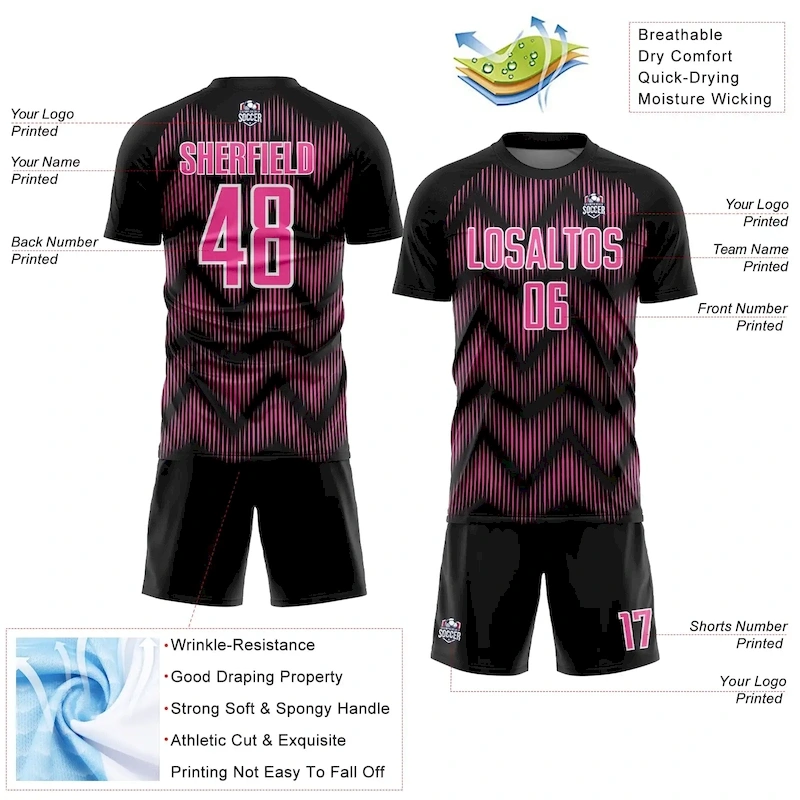 Custom Black Pink-White Line Sublimation Soccer Uniform Jersey Custom Black Pink-White Line Sublimation Soccer Uniform Jersey