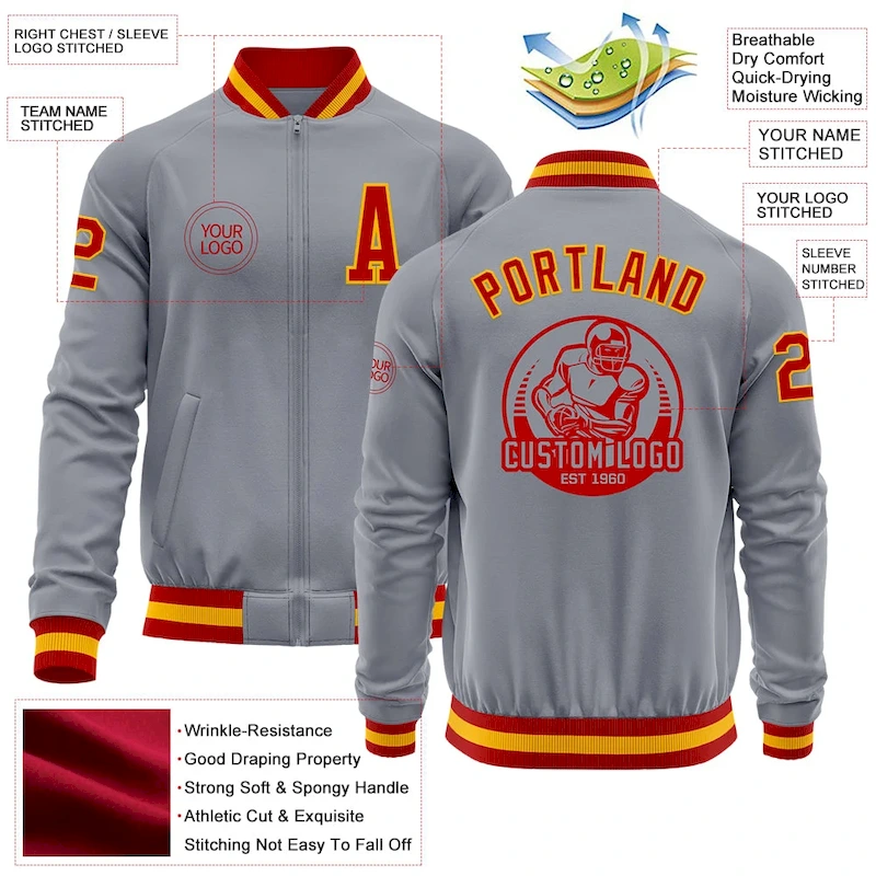 Custom Gray Red-Gold Bomber Varsity Letterman Zipper Jacket Custom Gray Red-Gold Bomber Varsity Letterman Zipper Jacket