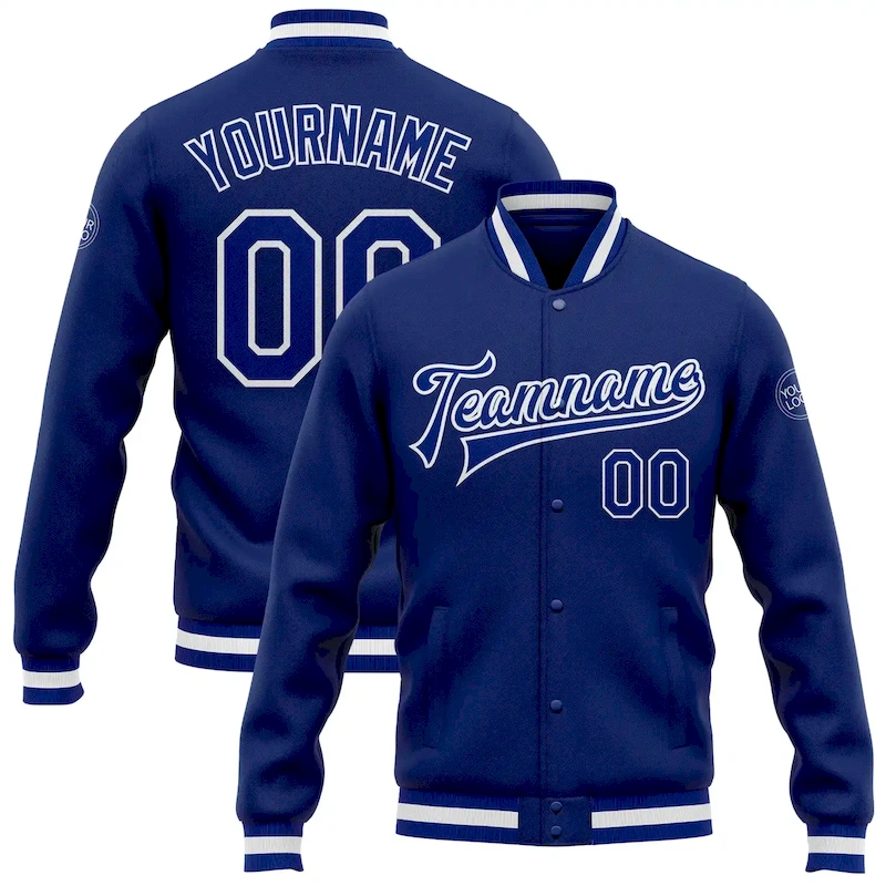 Custom Royal Royal-White Bomber Full-Snap Varsity Letterman Jacket