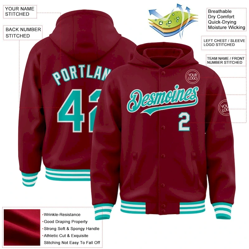 Custom Crimson Aqua-White Bomber Full-Snap Varsity Letterman Hoodie Jacket Custom Crimson Aqua-White Bomber Full-Snap Varsity Letterman Hoodie Jacket