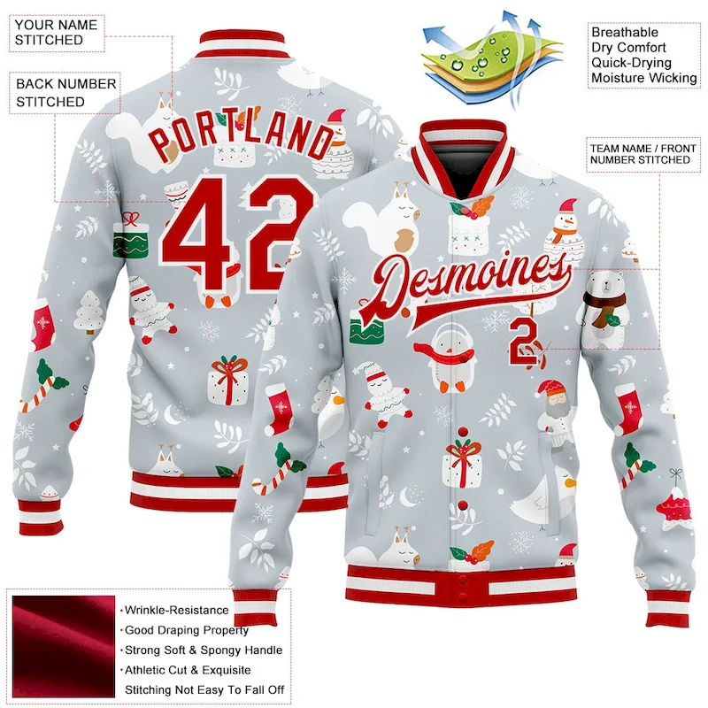 Custom Silver Red-White Christmas 3D Bomber Full-Snap Varsity Letterman Jacket Custom Silver Red-White Christmas 3D Bomber Full-Snap Varsity Letterman Jacket