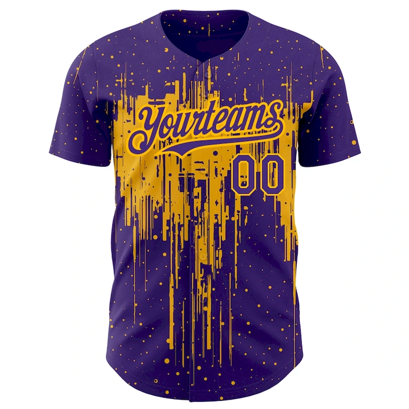 Custom Purple Gold 3D Pattern Design Dripping Splatter Art Authentic Baseball Jersey Custom Purple Gold 3D Pattern Design Dripping Splatter Art Authentic Baseball Jersey