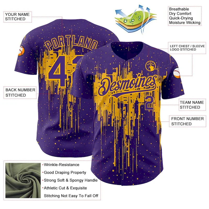 Custom Purple Gold 3D Pattern Design Dripping Splatter Art Authentic Baseball Jersey Custom Purple Gold 3D Pattern Design Dripping Splatter Art Authentic Baseball Jersey