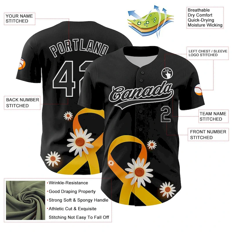 Custom Black Yellow-White 3D Childhood Cancer Gold Ribbon Authentic Baseball Jersey Custom Black Yellow-White 3D Childhood Cancer Gold Ribbon Authentic Baseball Jersey