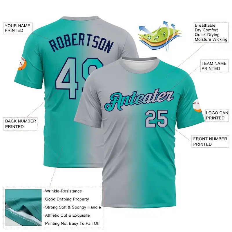 Custom Aqua Gray-Navy Gradient Fashion Performance T-Shirt