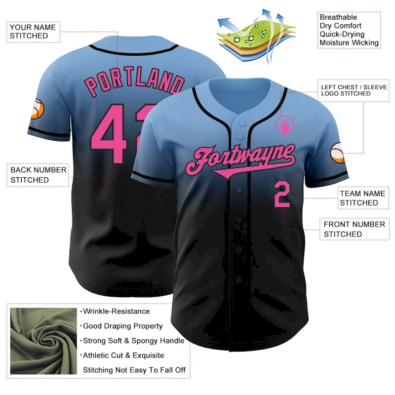 Custom Light Blue Pink-Black Authentic Fade Fashion Baseball Jersey
