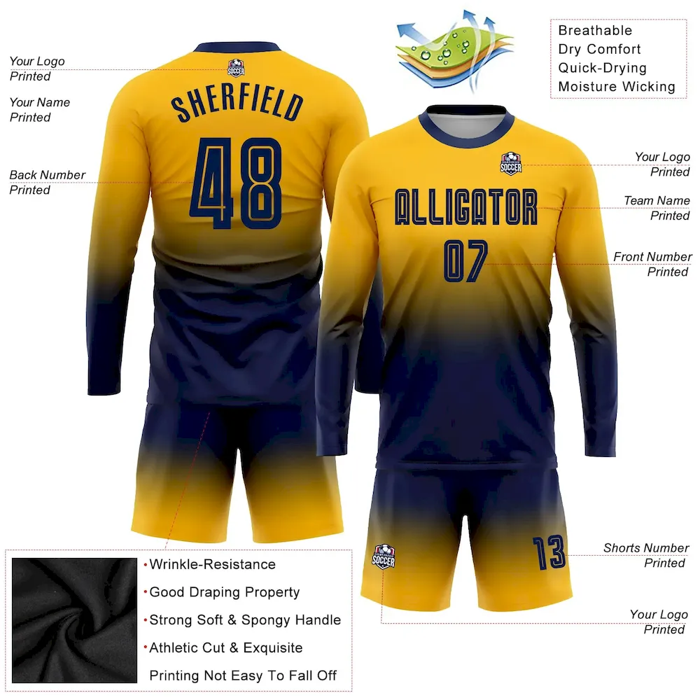 Custom Gold Navy Sublimation Long Sleeve Fade Fashion rugby Uniform Jersey Custom Gold Navy Sublimation Long Sleeve Fade Fashion rugby Uniform Jersey