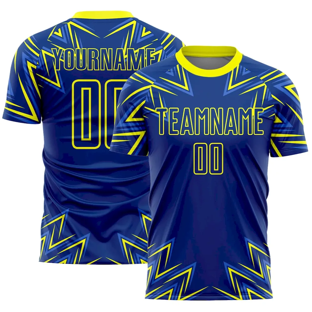 Custom Royal Neon Yellow Geometric Shapes Sublimation rugby Uniform Jersey