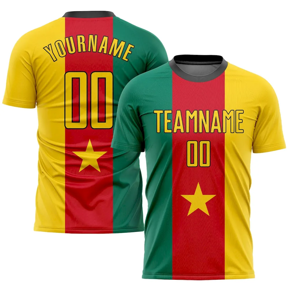 Custom Kelly Green Gold Red-Black Sublimation Cameroonian Flag rugby Uniform Jersey