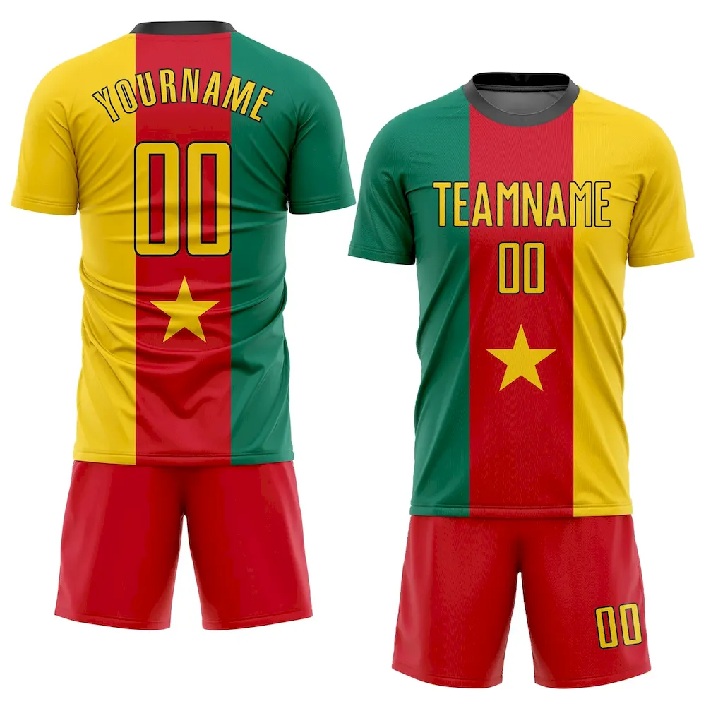 Custom Kelly Green Gold Red-Black Sublimation Cameroonian Flag rugby Uniform Jersey