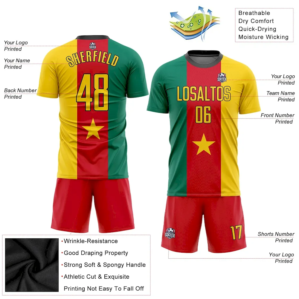 Custom Kelly Green Gold Red-Black Sublimation Cameroonian Flag rugby Uniform Jersey Custom Kelly Green Gold Red-Black Sublimation Cameroonian Flag rugby Uniform Jersey