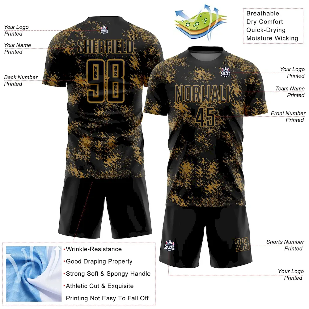 Custom Black Old Gold Abstract Grunge Art Sublimation rugby Uniform Jersey