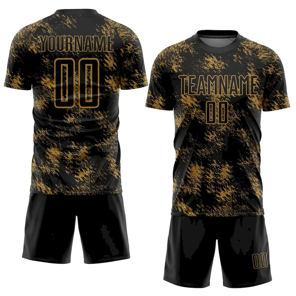 Custom Black Old Gold Abstract Grunge Art Sublimation rugby Uniform Jersey