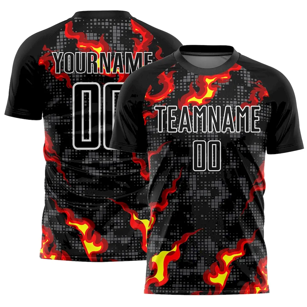 Custom Black Gray Red-Gold Flame Sublimation rugby Uniform Jersey