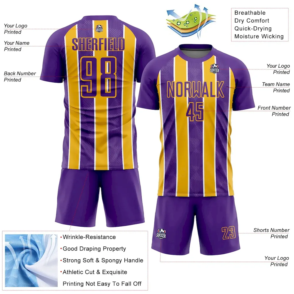 Custom Purple Gold-White Stripes Sublimation rugby Uniform Jersey