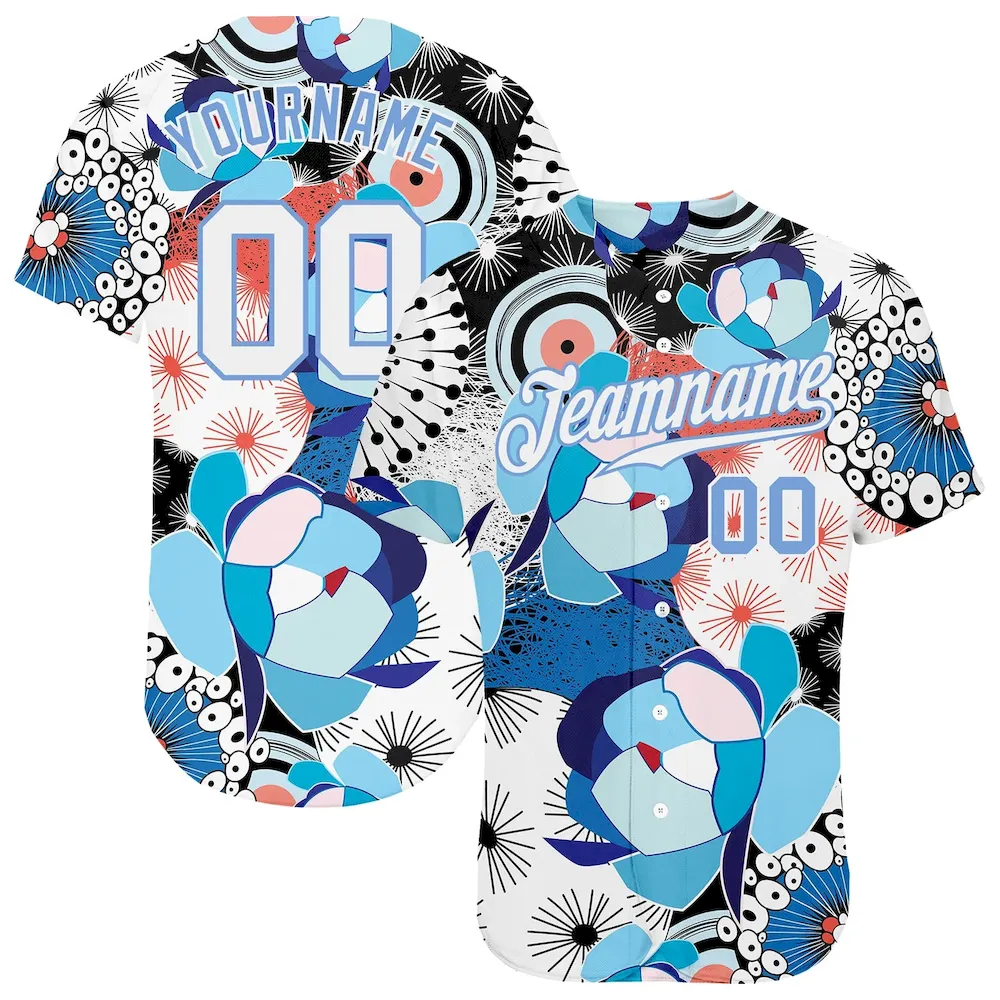 Custom White White-Light Blue 3D Pattern Design Flowers Authentic Cricket Jersey