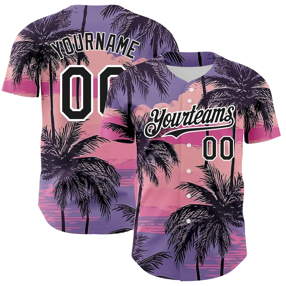 Custom Purple Black-White 3D Pattern Design Beach Hawaii Palm Trees Authentic Cricket Jersey