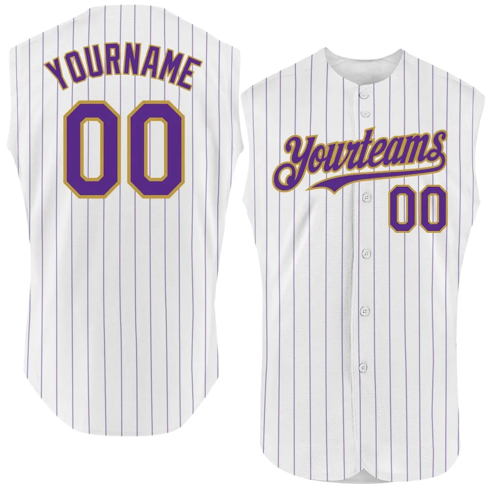 Custom White Purple Pinstripe Old Gold Authentic Sleeveless Cricket Jersey