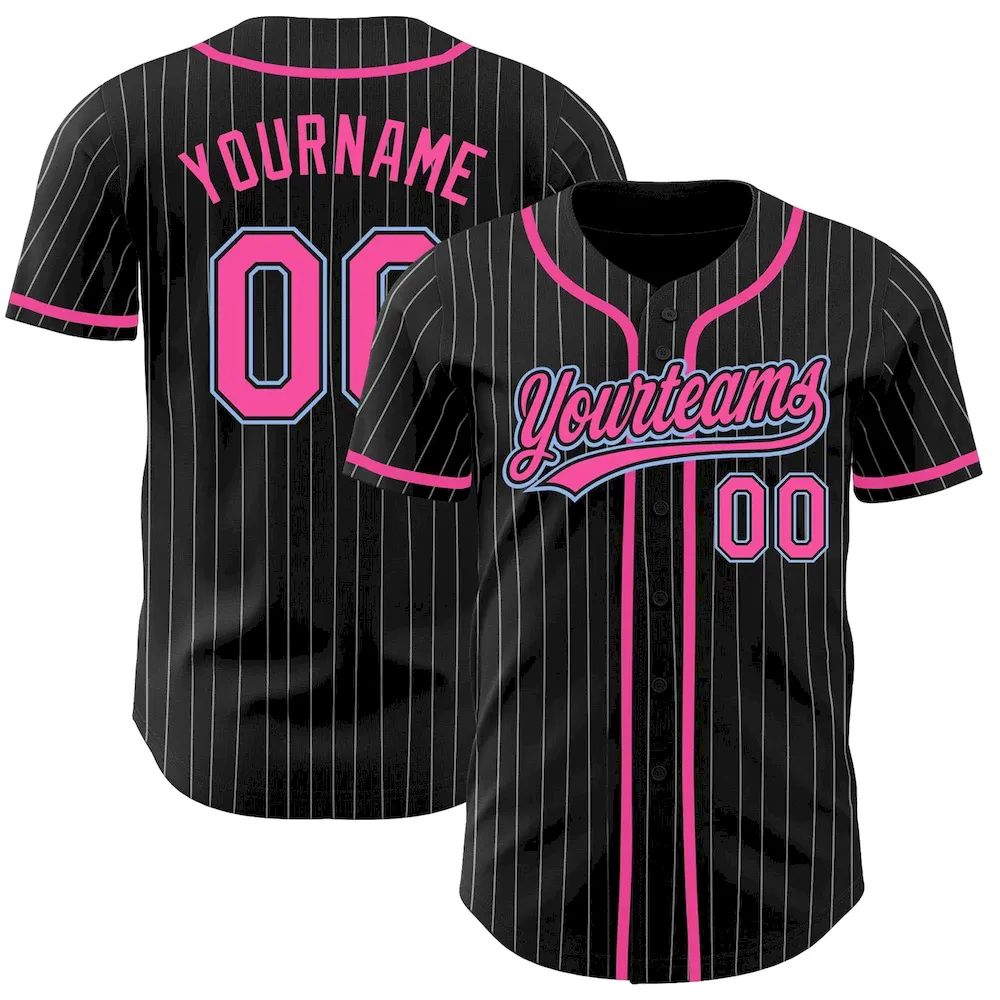 Custom Black White Pinstripe Pink-Light Blue Authentic Cricket Jersey