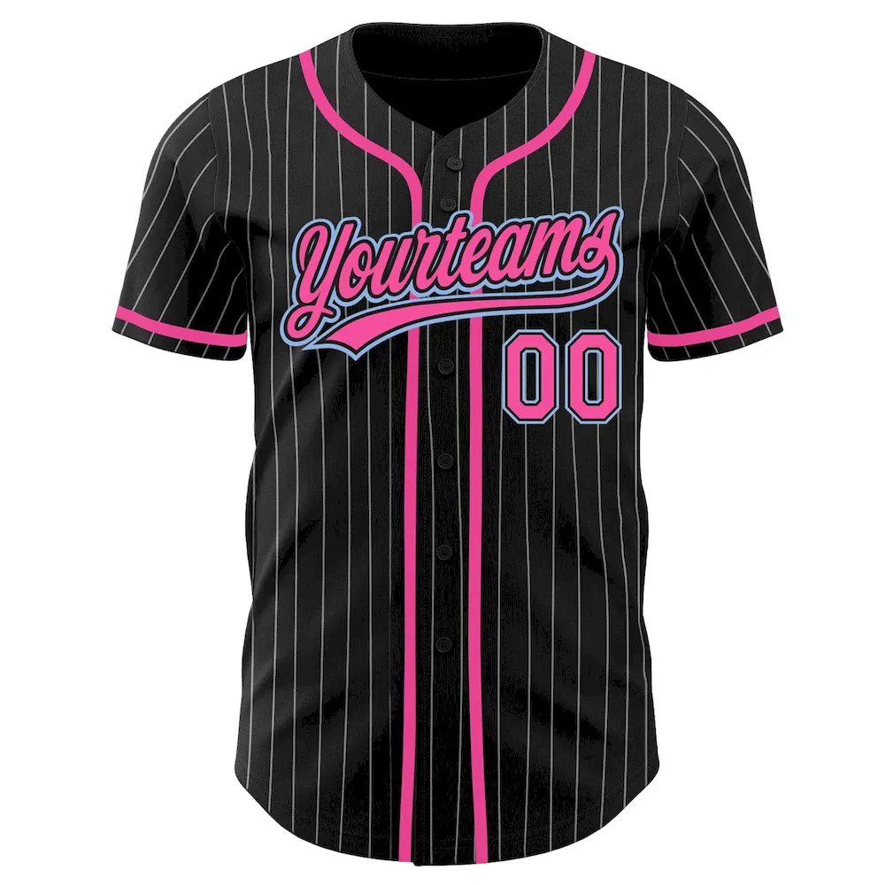 Custom Black White Pinstripe Pink-Light Blue Authentic Cricket Jersey