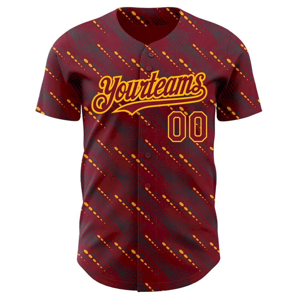 Custom Crimson Gold 3D Pattern Design Slant Lines Authentic Cricket Jersey