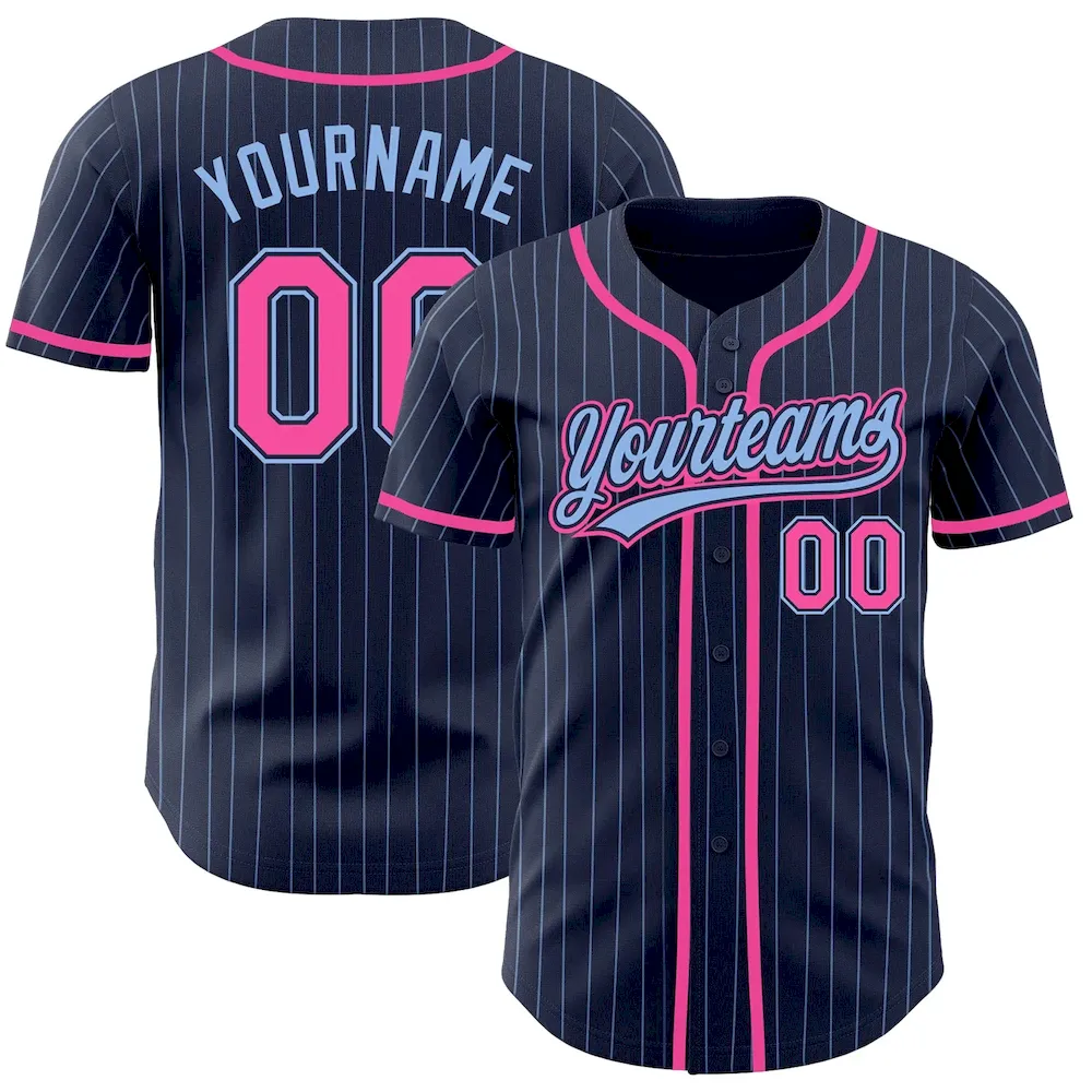 Custom Navy Light Blue Pinstripe Pink Authentic Cricket Jersey