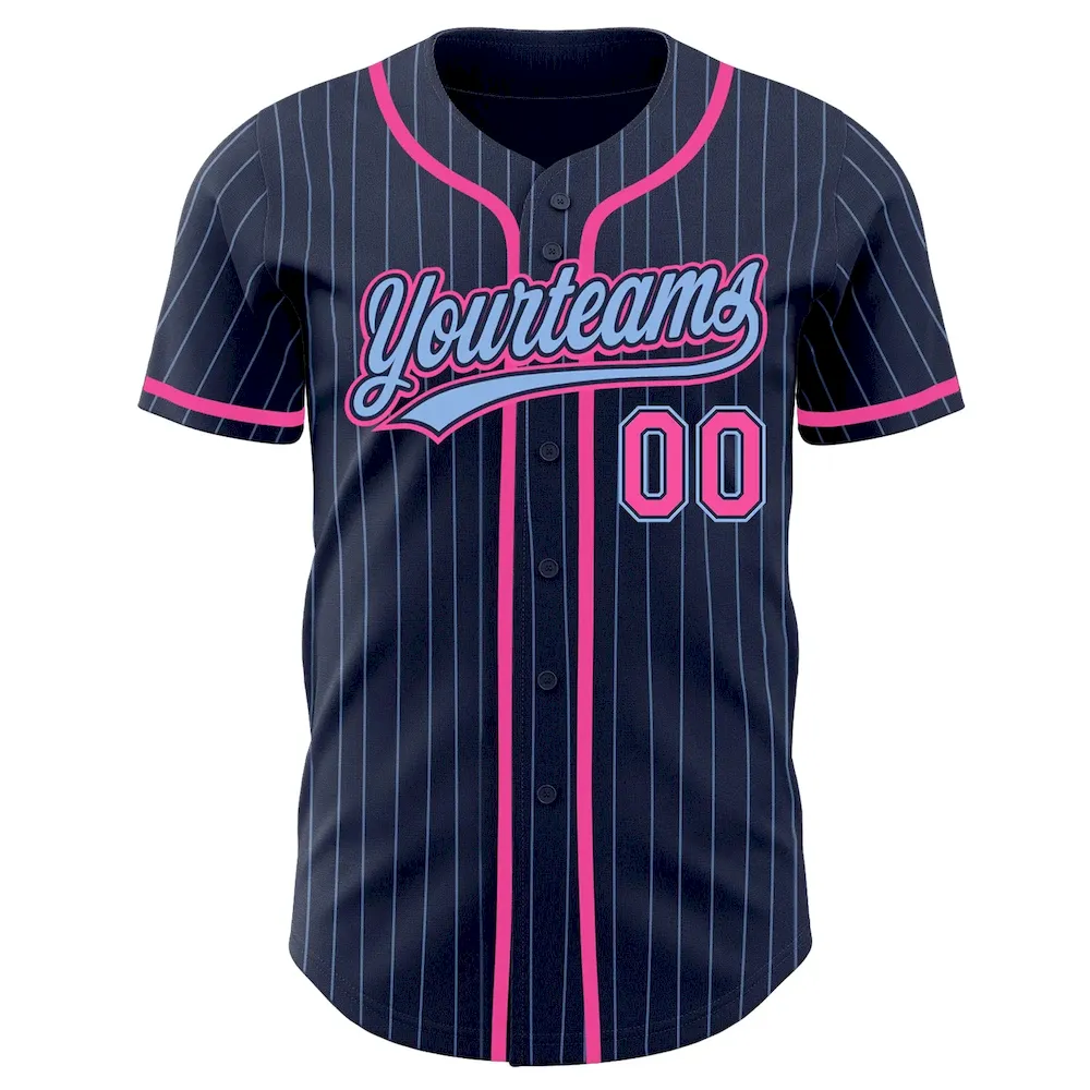 Custom Navy Light Blue Pinstripe Pink Authentic Cricket Jersey