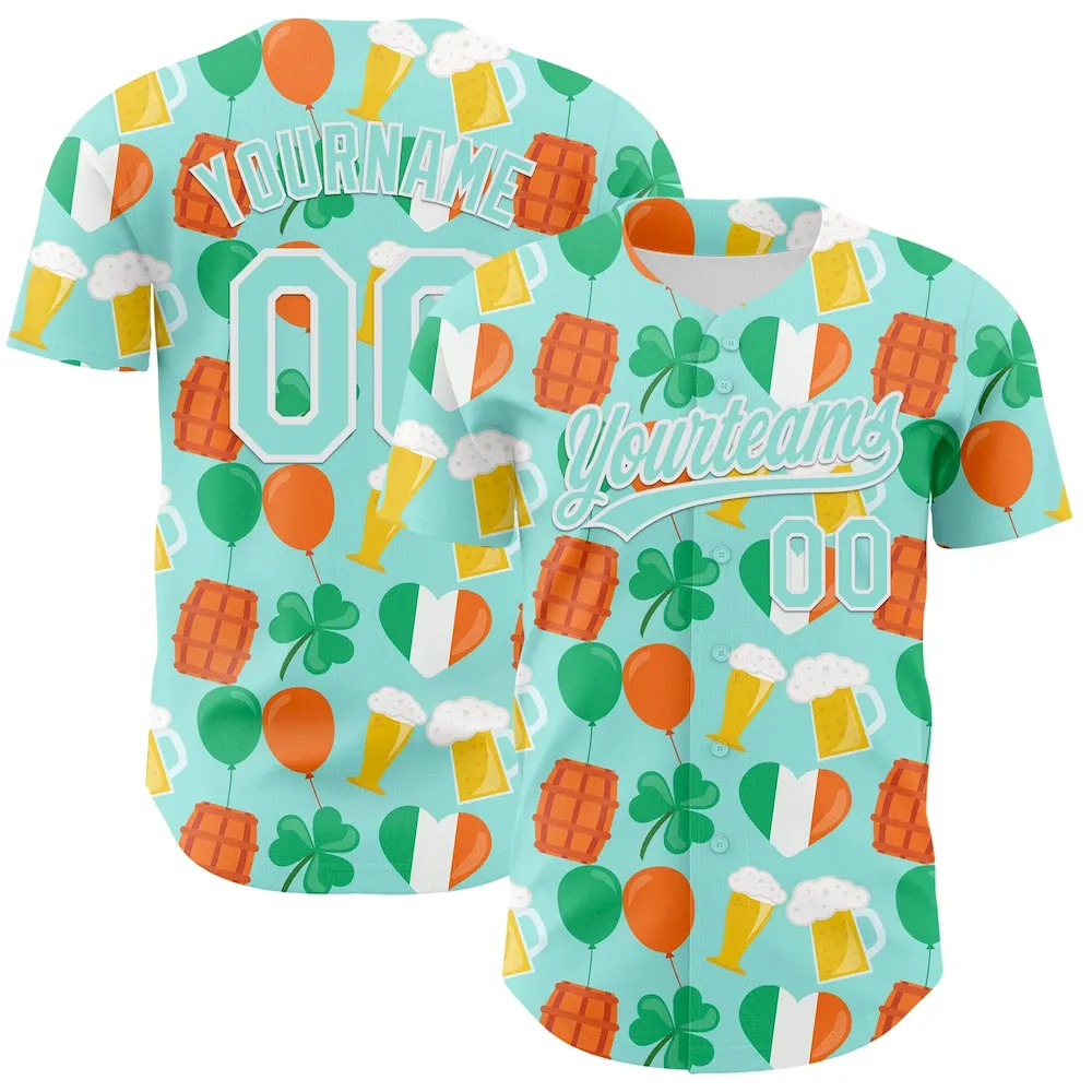 Custom Ice Blue White-Green 3D St. Patrick's Day Shamrock Beer Authentic Cricket Jersey