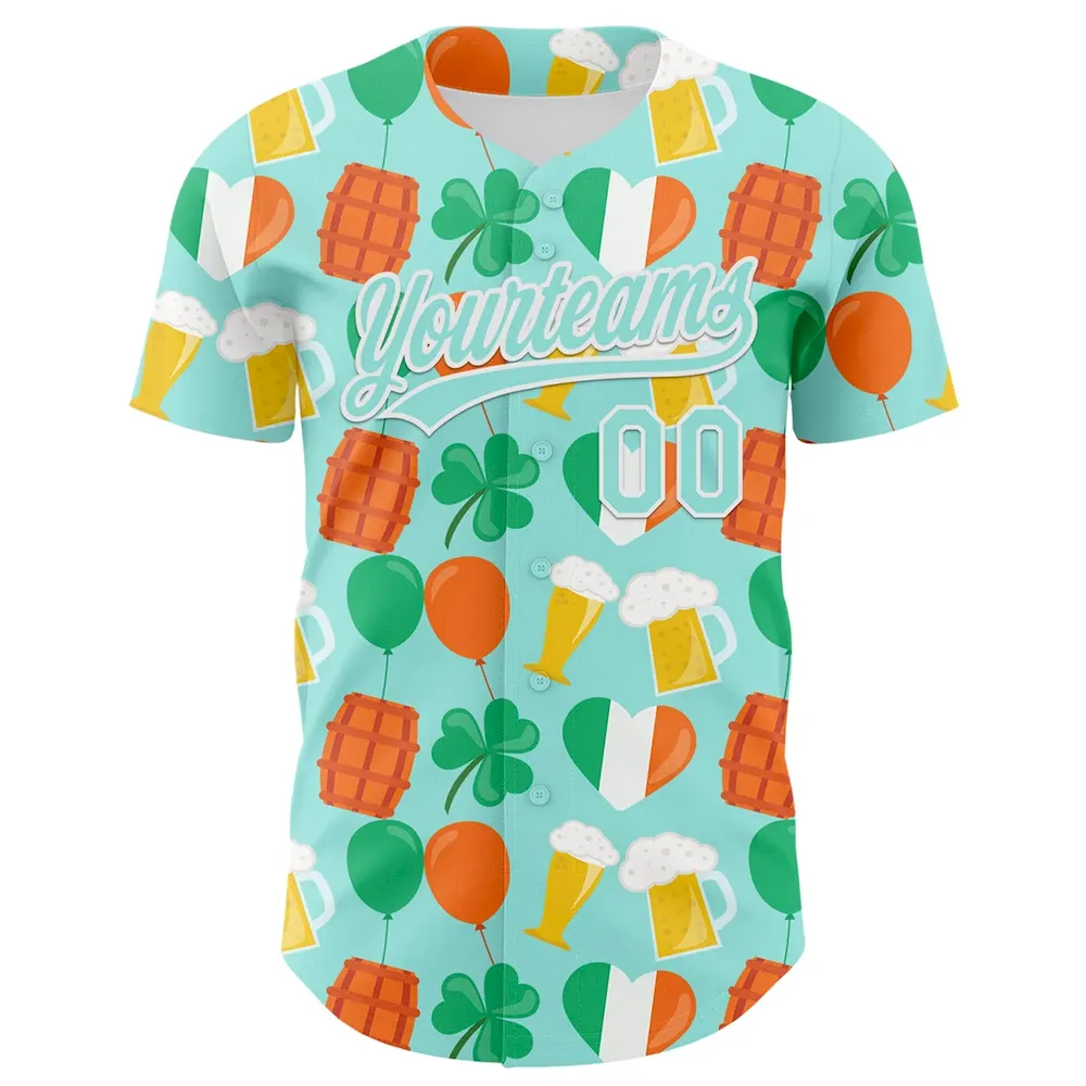 Custom Ice Blue White-Green 3D St. Patrick's Day Shamrock Beer Authentic Cricket Jersey Custom Ice Blue White-Green 3D St. Patrick's Day Shamrock Beer Authentic Cricket Jersey