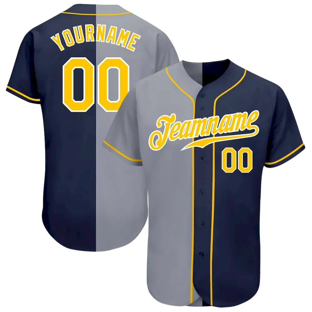 Custom Navy Gold-Gray Authentic Split Fashion Cricket Jersey