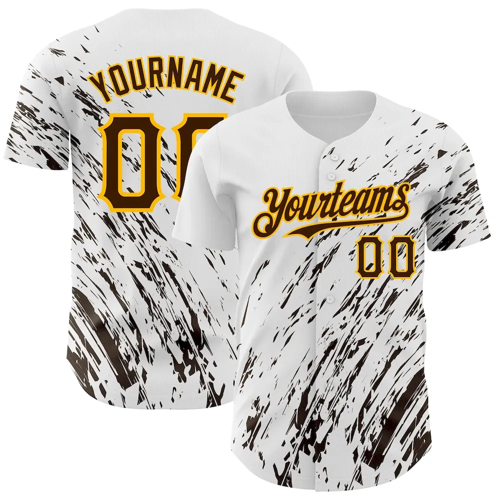 Custom White Brown-Gold 3D Pattern Design Abstract Splash Authentic Cricket Jersey