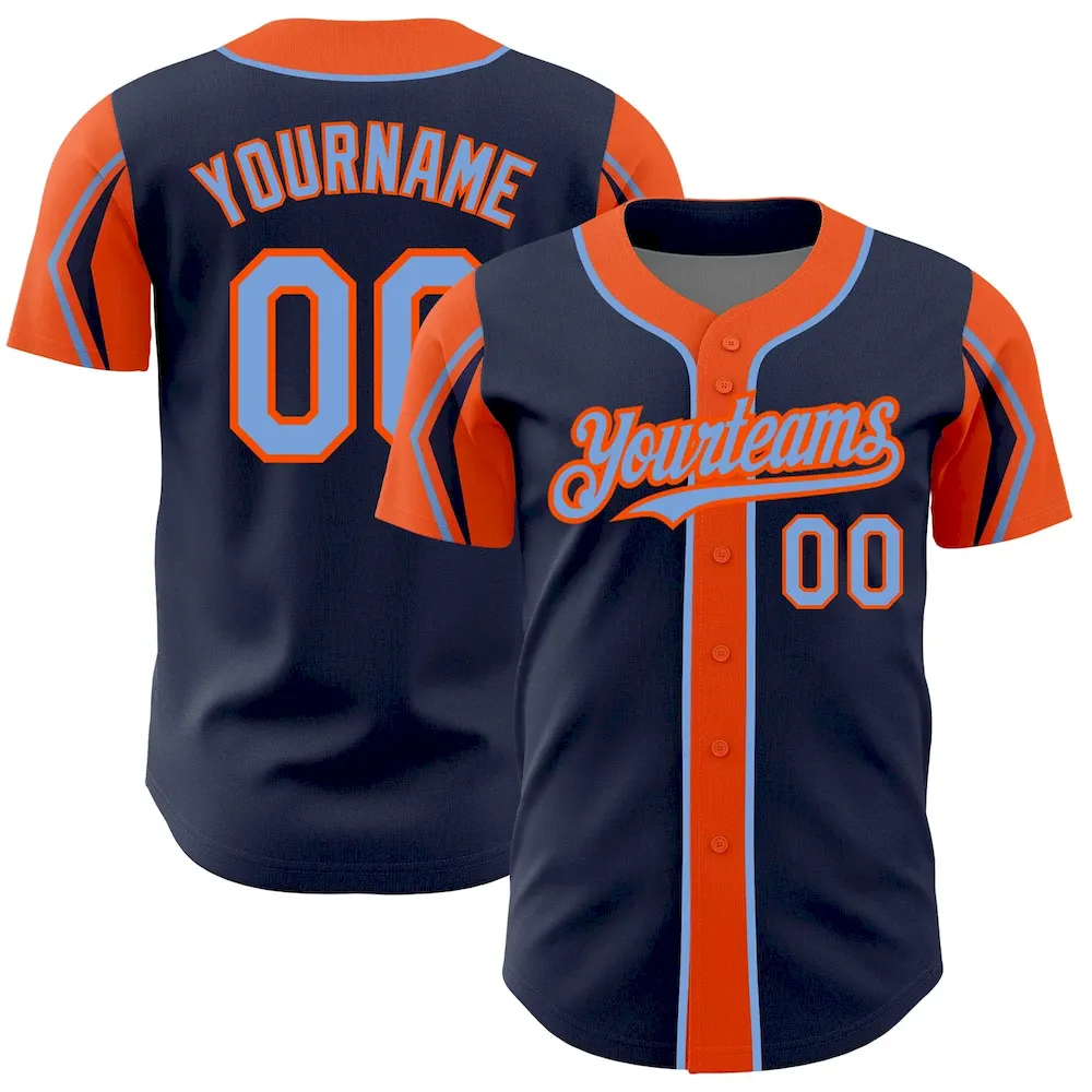 Custom Navy Powder Blue-Orange 3 Colors Arm Shapes Authentic Cricket Jersey