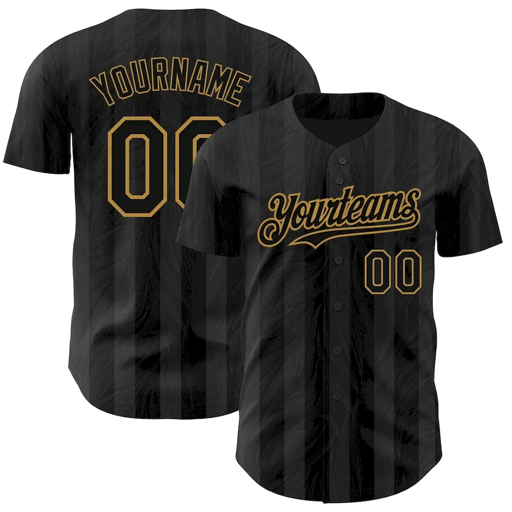 Custom Black Old Gold 3D Pattern Design Stripes Authentic Cricket Jersey