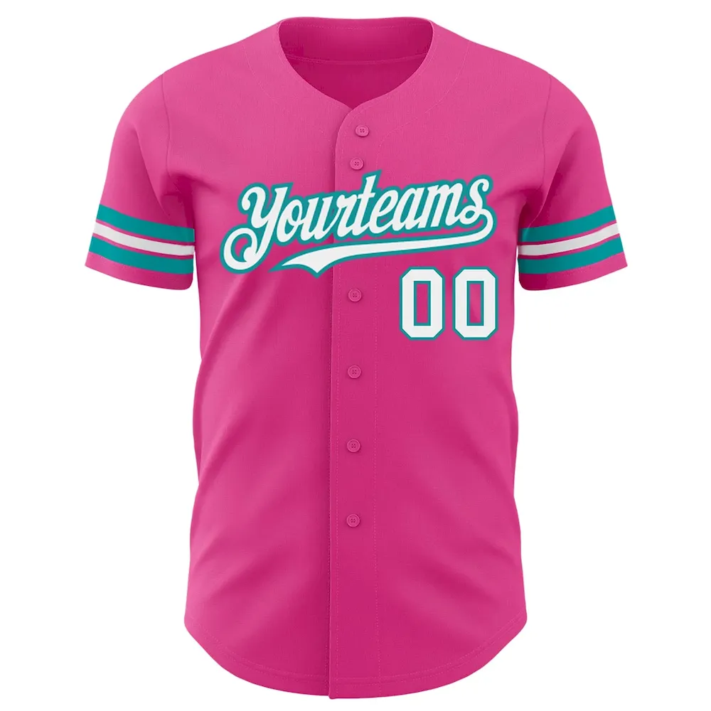 Custom Pink White-Teal Authentic Cricket Jersey