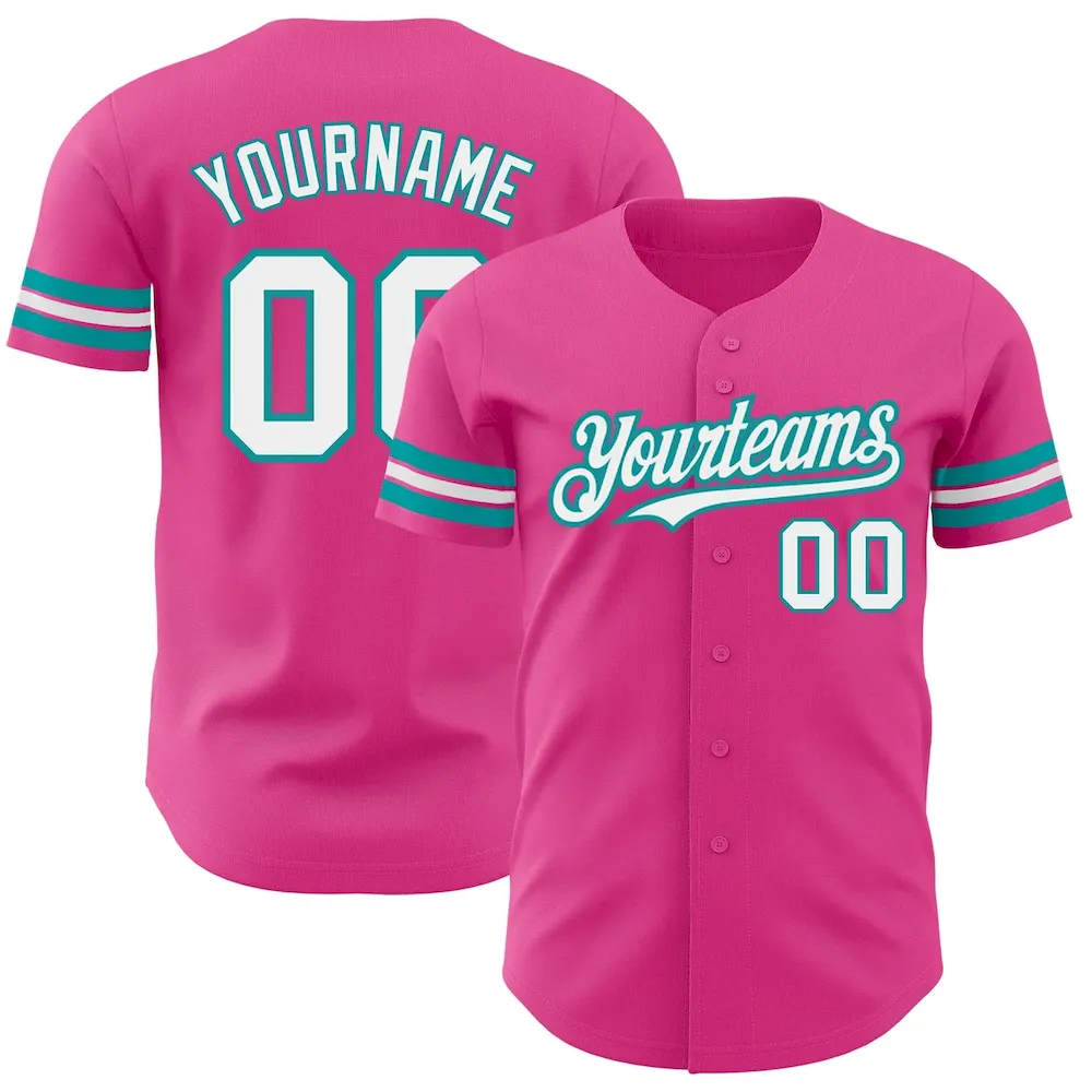 Custom Pink White-Teal Authentic Cricket Jersey