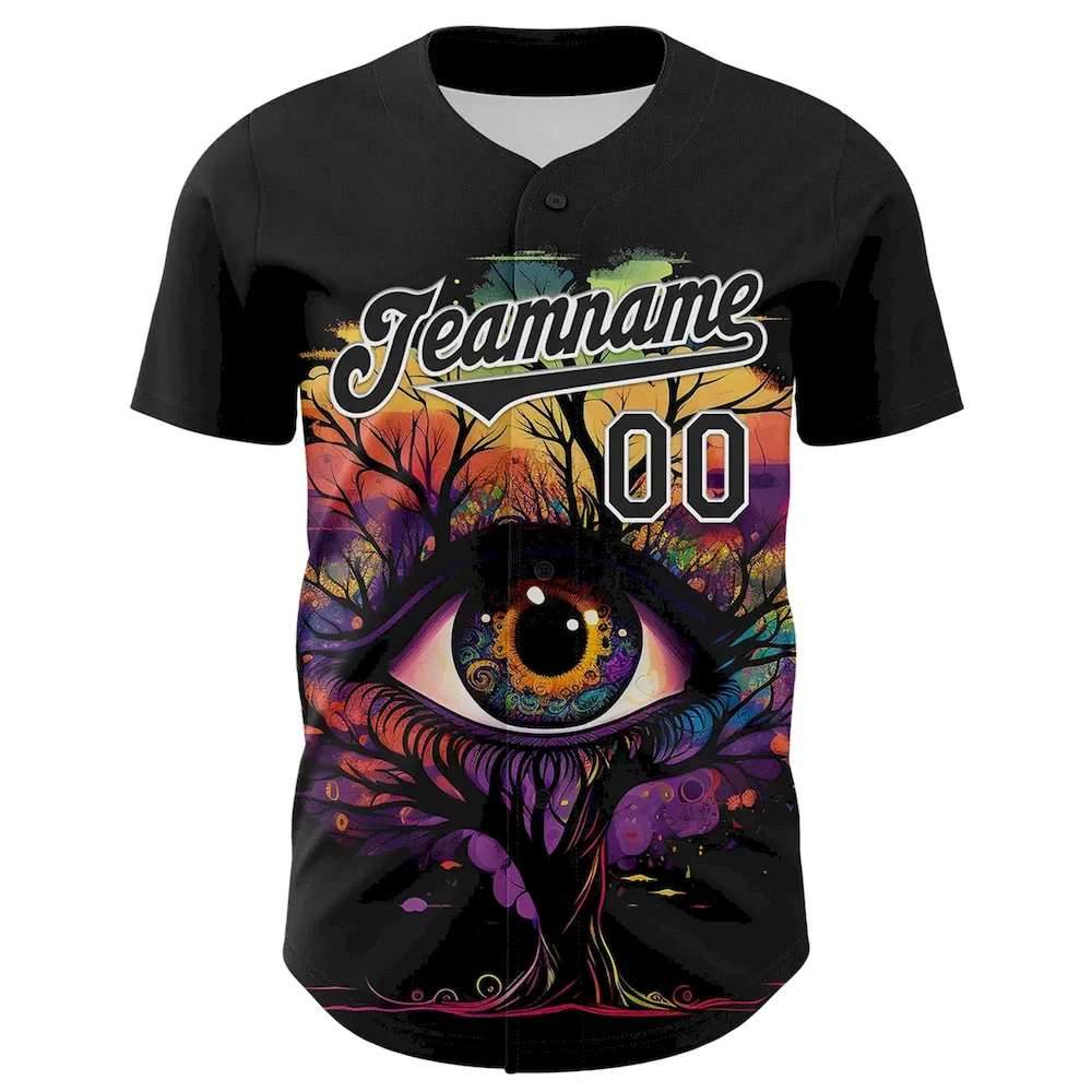 Custom Black White 3D Pattern Design Rave Tree With Eye Authentic Cricket Jersey