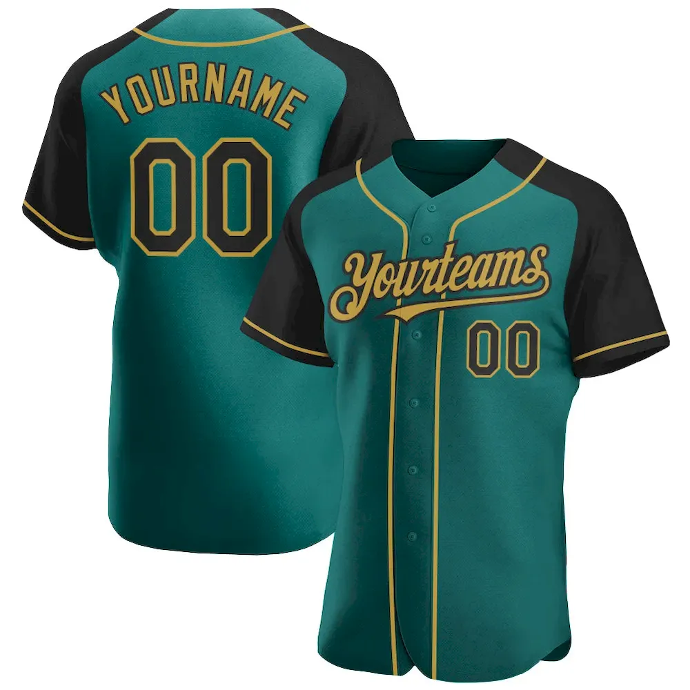 Custom Teal Black-Old Gold Authentic Raglan Sleeves Cricket Jersey