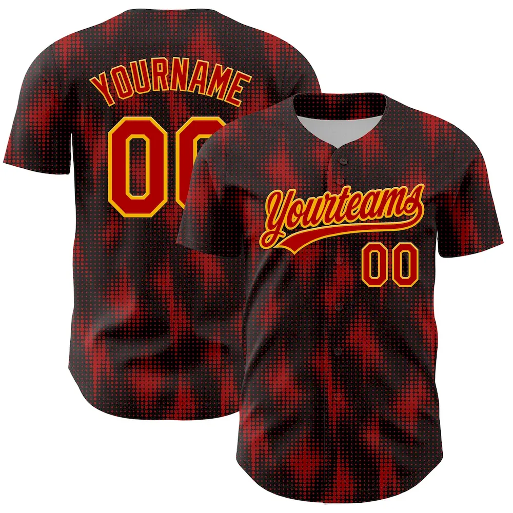 Custom Black Red-Gold 3D Pattern Design Halftone Dots Authentic Cricket Jersey