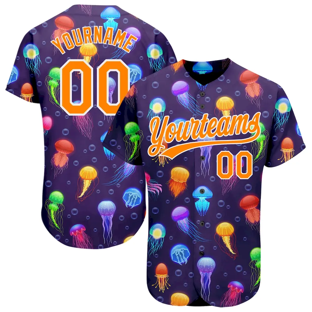 Custom Purple Bay Orange-White 3D Pattern Design Colorful Cartoon Jellyfish Authentic Cricket Jersey