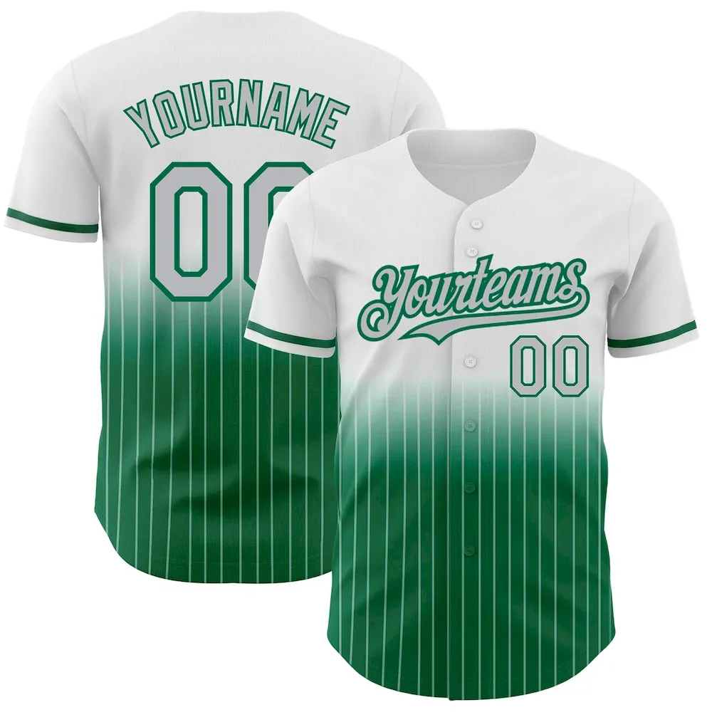 Custom White Pinstripe Gray-Kelly Green Authentic Fade Fashion Cricket Jersey