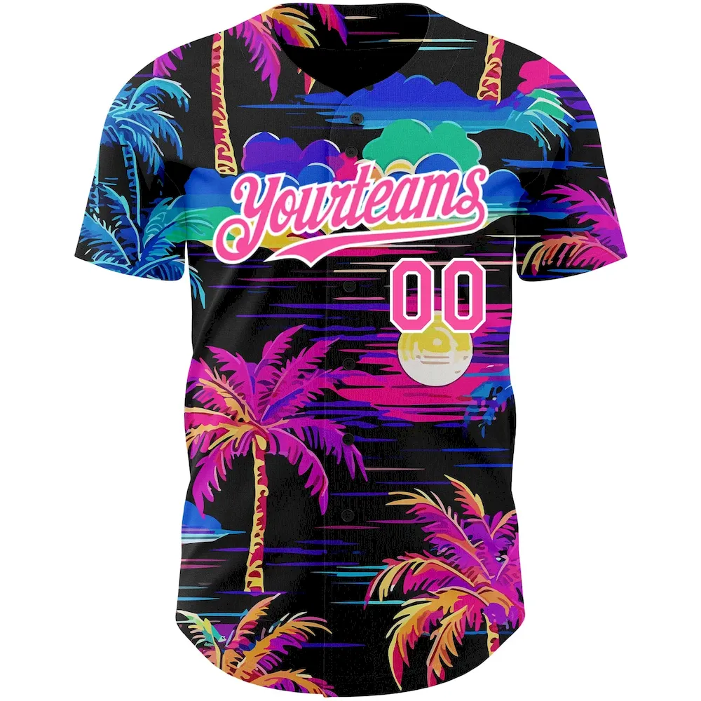 Custom Black Pink-White 3D Pattern Design Beach Hawaii Palm Trees Authentic Cricket Jersey