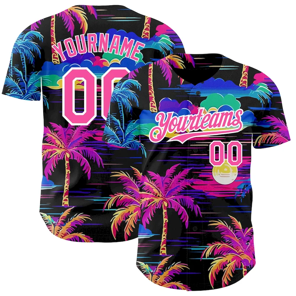 Custom Black Pink-White 3D Pattern Design Beach Hawaii Palm Trees Authentic Cricket Jersey