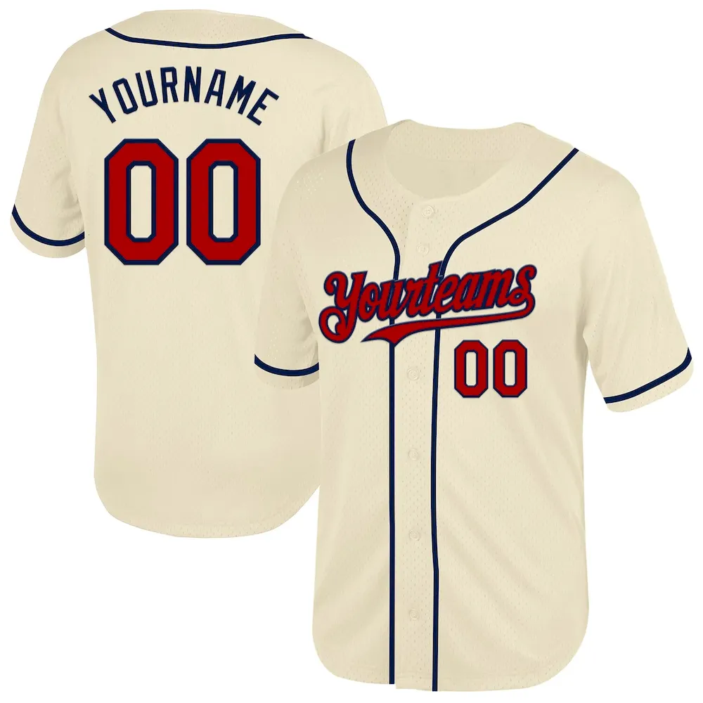 Custom Cream Red-Navy Mesh Authentic Throwback Cricket Jersey
