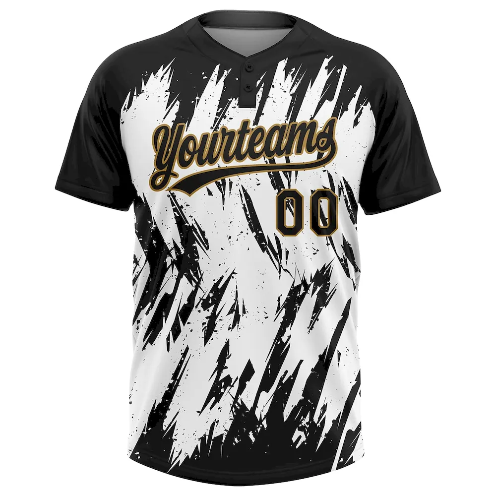 Custom White Black-Old Gold 3D Pattern Two-Button Unisex Softball Jersey Custom White Black-Old Gold 3D Pattern Two-Button Unisex Softball Jersey