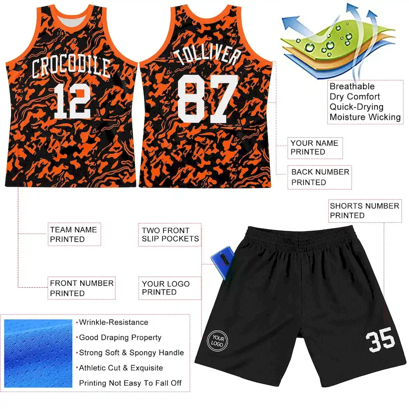 Custom Black White-Orange Fluid Art Round Neck Sublimation Basketball Suit Jersey