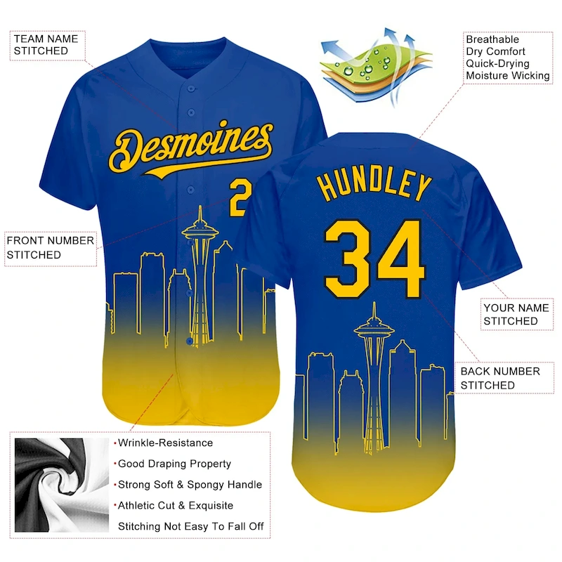 Custom Royal Yellow-Black 3D Seattle City Edition Fade Fashion Authentic Baseball Jersey